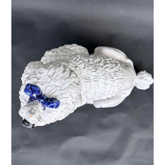 White Italian Faience Poodle Figure, White Glaze With Blue Bow, Mid-20th Century, 21 3/4 In. Tall For Sale - Image 8 of 15