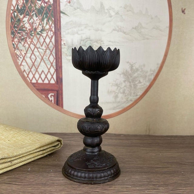Pair of Bronze Lotus Candlesticks – 5.9" Buddhist Altar Candle Holders With Dragon Base For Sale - Image 9 of 11