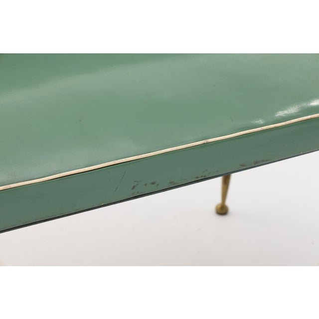 Brass Vintage Green Vinyl Two-Seat Bench With Brass Tipped Metal Legs For Sale - Image 8 of 8