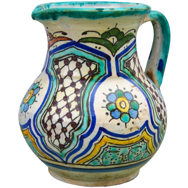 Early 20th Century Polychrome Andalusian Ceramic Pitcher For Sale