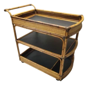 Vintage Mid Century Modern Bamboo Rattan Ebonized 3 Tier Bar Cart