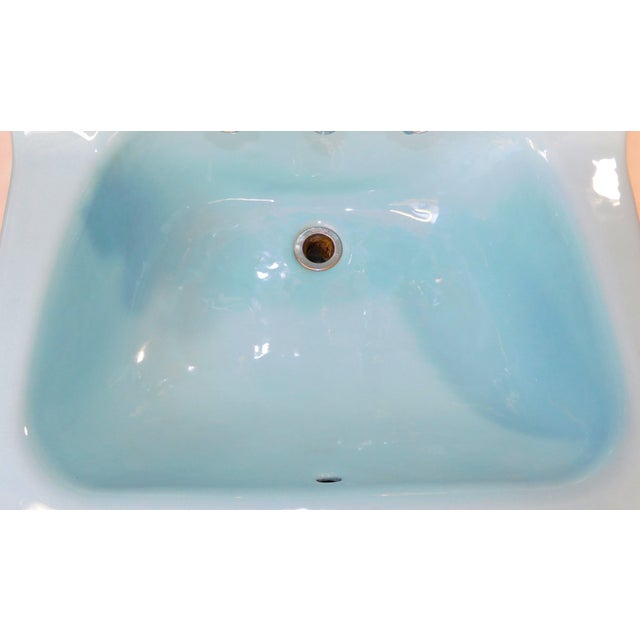 1970s 1973 Vintage "Standard" Clair De Lune Blue Cast Iron & Porcelain Wall-Mounted Sink For Sale - Image 5 of 18
