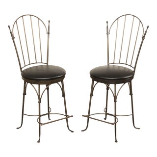 1990s Charleston Forge Wrought Iron Swivel Bar Stools - A Pair For Sale
