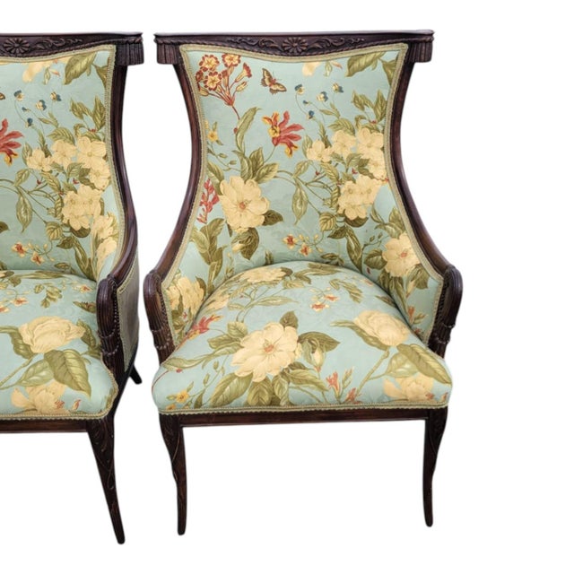 1930s Pair Italian Fireside Chairs Floral Upholstery Carved Wood Accent Chairs For Sale - Image 16 of 17