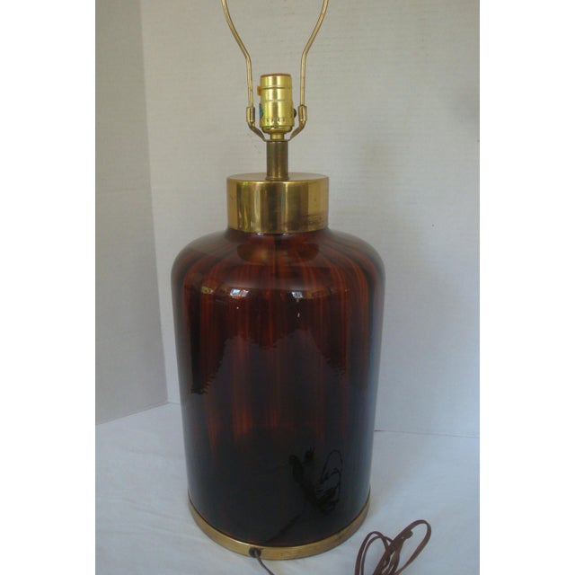 Postmodern Mid-Century Glam Italian Tortoiseshell Glass and Brass Table Lamp For Sale - Image 3 of 7