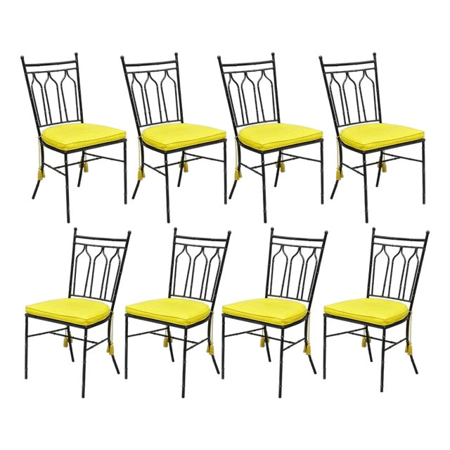 Vintage Salterini Hollywood Regency Wrought Iron Faux Bamboo Dining Chair, Set 8 For Sale