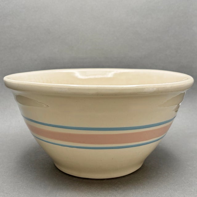Farmhouse Vintage McCoy Pottery 1970s Pink and Blue Striped Stoneware Mixing Bowl For Sale - Image 3 of 7