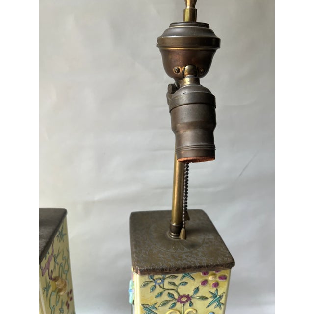 Brass Pair Early 20th Century Chinese Yellow Enameled Porcelain Vases Mounted as Lamps, Brass Mounts For Sale - Image 8 of 13