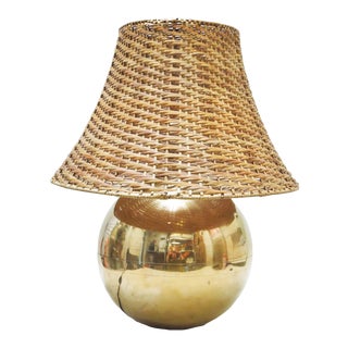 Large Brass and Rattan Table Lamp, 1970s For Sale