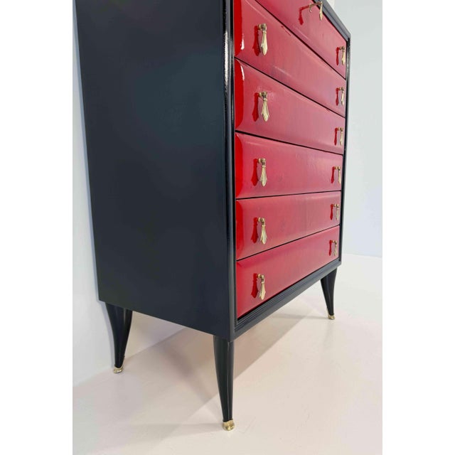 Metal Italian Art Deco Cherry Red Parchment and Black Lacquered Chest of Drawer, 1950s For Sale - Image 7 of 10