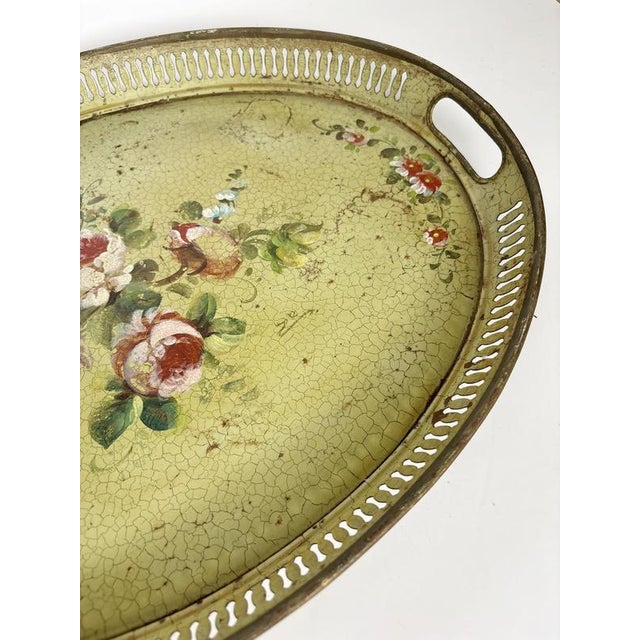 Metal Hand-Painted Green Metal Tray, France, 1800s For Sale - Image 7 of 11