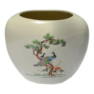 1960s Chinoiserie Beige Oval Ceramic Vase Glazed Peacock on Tree