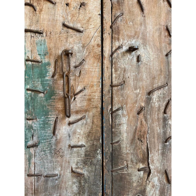 Wood Old Antique Painted Indian Doors For Sale - Image 7 of 8