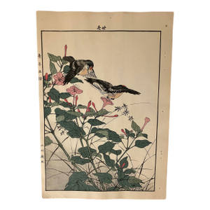 19th Century Japanese Woodblock by Imao Keinen Goldrest Bird With Four O’Clocks