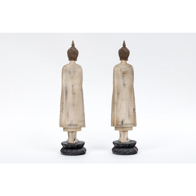 Vintage Carved Standing Terracotta Thai Buddha Statutes on Stand—A Pair For Sale In New York - Image 6 of 9