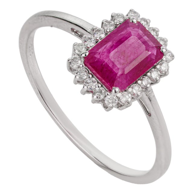 1.05ct Emerald-Cut Ruby & Diamond Halo Engagement Ring Size 6.5 in 14k Gold For Sale