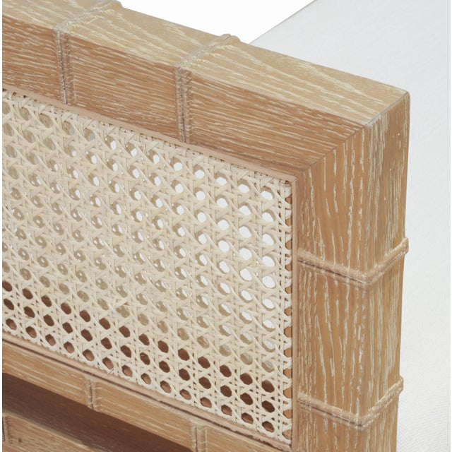 Worlds Away Matthew Izzo Home Benedict Cerused Oak Square Edged Bench With Bamboo Detail, Cane Side, and White Linen Upholstery For Sale - Image 4 of 5
