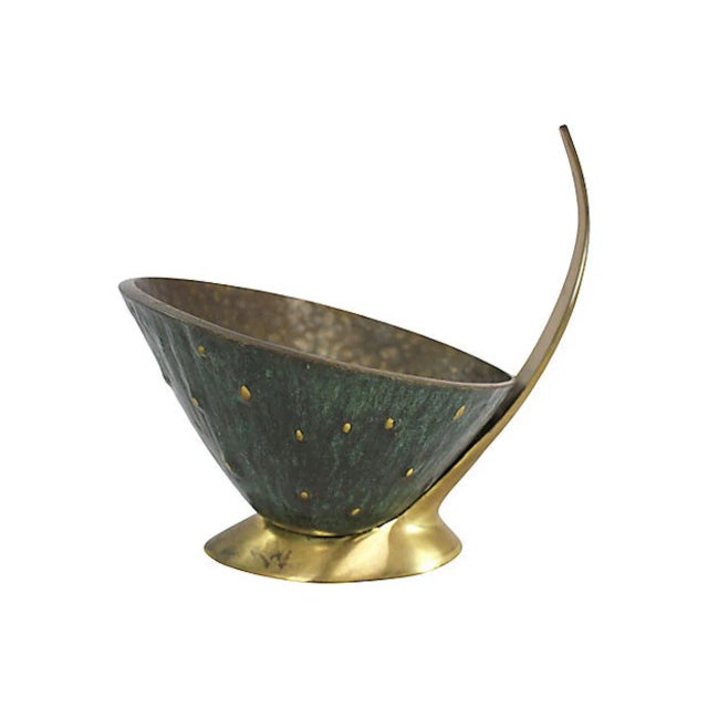 Mid-century modern solid brass catchall with verdigris exterior finish. Marked "Pal Bell Made in Israel". Minimal age wear.