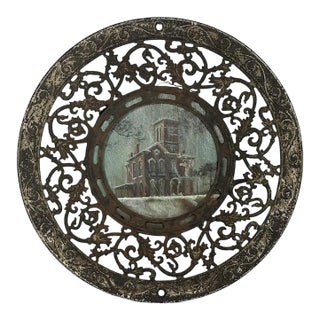Folk Art Architectural Painting Framed in Antique Stove Pipe Collar For Sale