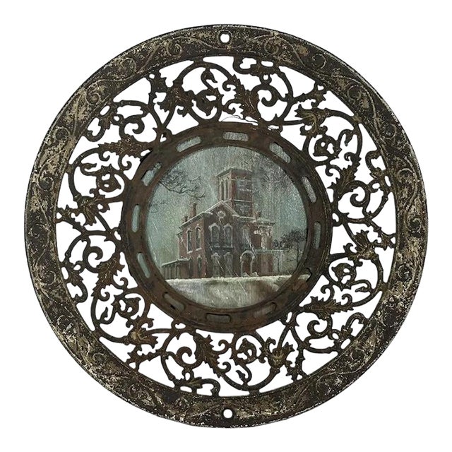 Folk Art Architectural Painting Framed in Antique Stove Pipe Collar For Sale