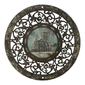 Folk Art Architectural Painting Framed in Antique Stove Pipe Collar