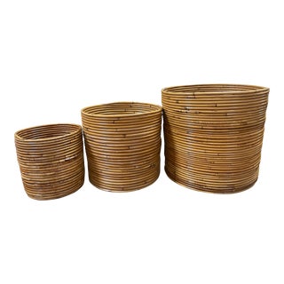 Italian Pencil Bamboo Nesting Baskets, G. Crespi Style, Signed, 1970s For Sale