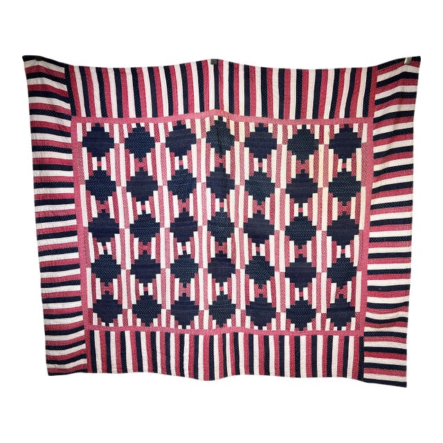 Matching Pair of Antique American Patriotic Hand Quilted Log Cabin Quilts C. Early 20th Century For Sale