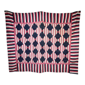 Matching Pair of Antique American Patriotic Hand Quilted Log Cabin Quilts C. Early 20th Century