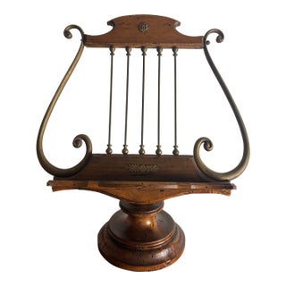 Antique Lyre-Form Music Stand/Book Stand With Brass and Wood Base For Sale