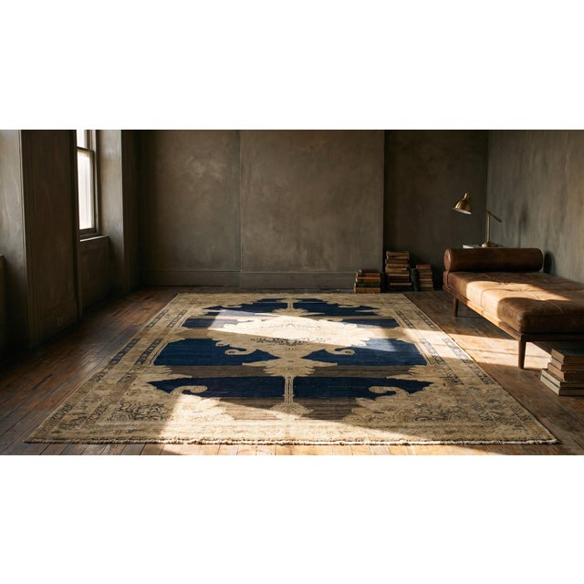 Appreciable Navy Blue and Tan Beige Color With Medallion Desing Antique Persian Malayer Rug For Sale - Image 14 of 15