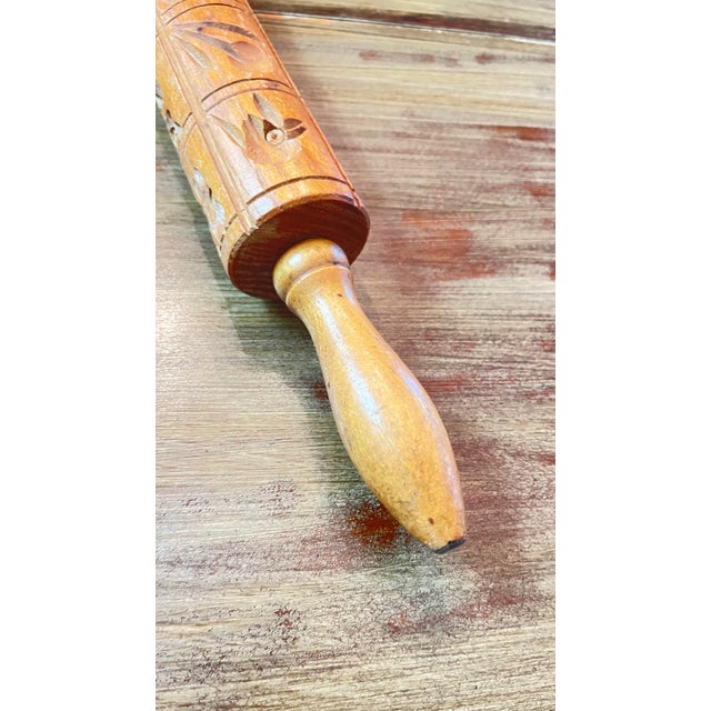 Vintage Hand-Carved Wooden Springerle Rolling Pin For Sale - Image 4 of 5