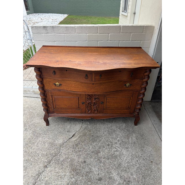 Antique Tiger Oak Buffet / Sideboard, Featuring Barley Twist Columns and Serpentine Front For Sale - Image 4 of 10