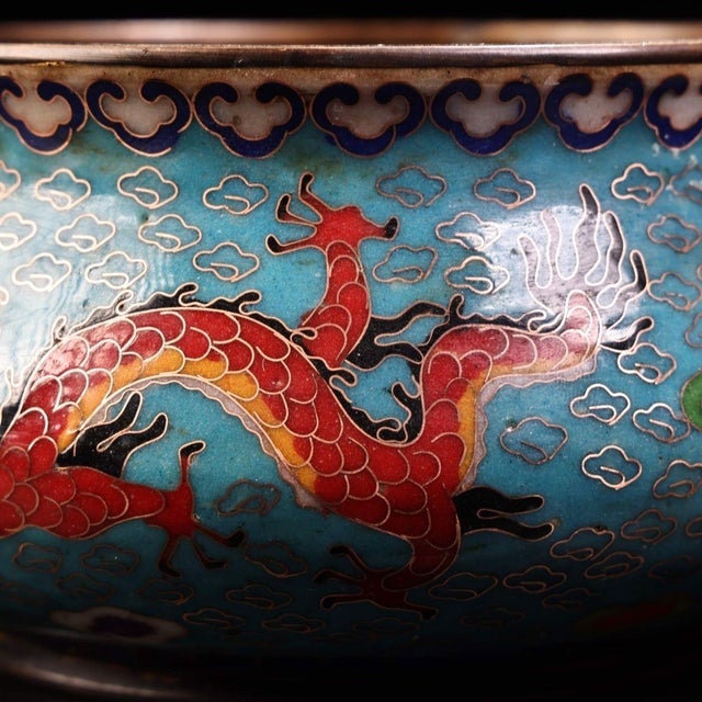 Blue Vintage Chinese Cloisonné Enamel Dragon Censer, Bronze Tiger‑Head Handle Incense Burner For Sale - Image 8 of 9