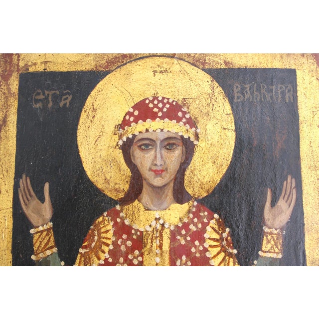 Gold Mid 20th Century Beautiful Christian Icon of Saint Barbara, Hand Painted Wood, 13.25"x6.5" For Sale - Image 8 of 8