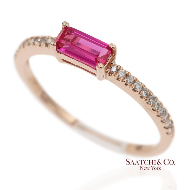 14k 585 Solid Rose Gold Pink Baguette Cut Stone and Natural Diamond Ring, Size 6 For Sale In New York - Image 6 of 12