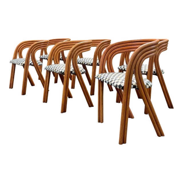 1970s Rattan Dining Chairs by Axel Enthoven With Mackenzie Childs Fabric - Set of 6 For Sale