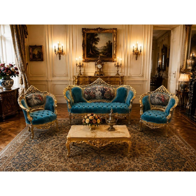 French 1900s French Louis XVI Blue/Green/Teal Velvet Sofa Set-5 Pc For Sale - Image 3 of 18
