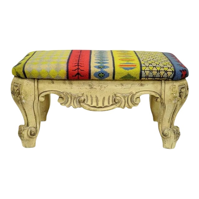 Mid 20th Century Vintage French Baroque Style Wooden Distress White Painted Footstool Ottoman For Sale
