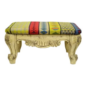 Mid 20th Century Vintage French Baroque Style Wooden Distress White Painted Footstool Ottoman