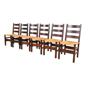 Gustav Stickley Antique Mission Oak Arts & Crafts Ladder Back Dining Chairs With Rush Seats, Set of Six