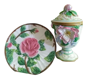 2 Piece Fitz and Floyd Rose Ginger Jar and Rose Decorative Plate