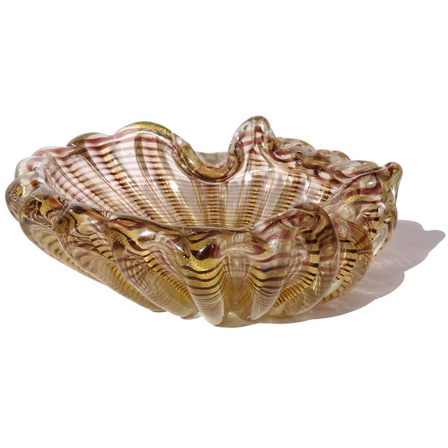 Beautiful vintage Murano hand blown amethyst purple and gold flecks Italian art glass seashell shaped bowl or ashtray....