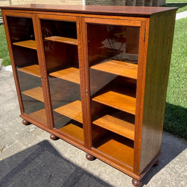 Brown Antique Triple Oak Bookcase For Sale - Image 8 of 9