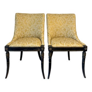 1980s Neoclassical Sabre Leg Side Chairs Upholstered in Yellow Fortuny Style Fabric - Set of 2 For Sale