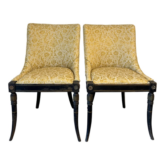 1980s Neoclassical Sabre Leg Side Chairs Upholstered in Yellow Fortuny Style Fabric - Set of 2 For Sale