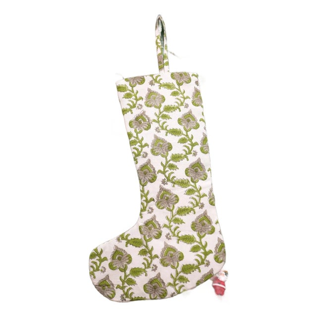 Hand Block Printed Madubala Design Christmas Stocking in Thick Cotton White Fabric For Sale
