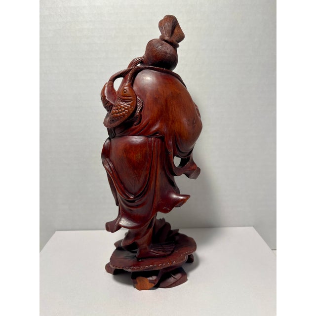 Antique Chinese Wood Carving Old Man With Carps Sculpture For Sale - Image 4 of 9