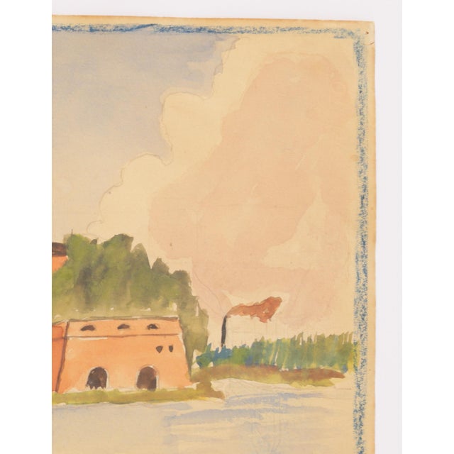 Mid-Century Swedish Outsider Folk Art Original Watercolor Painting, Signed, Lake Landscape For Sale - Image 4 of 5