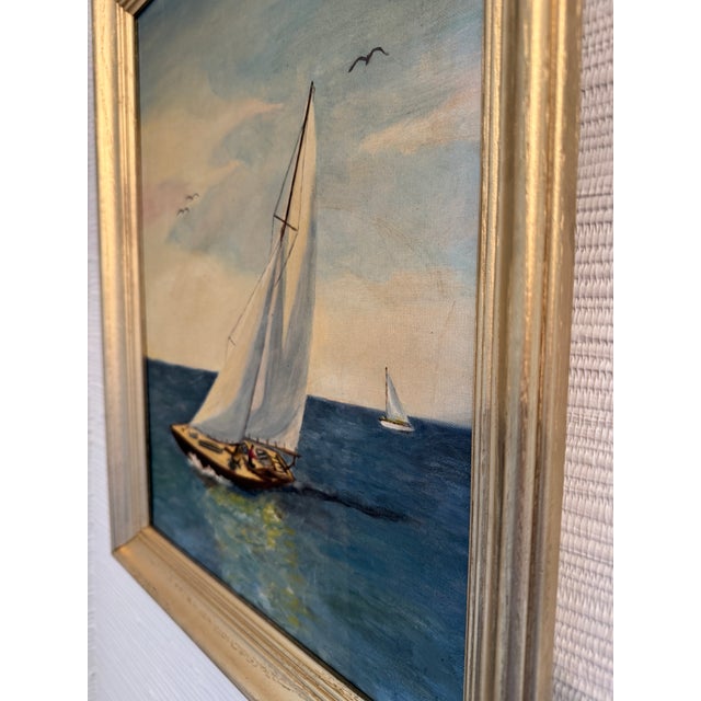 1970s Vintage Mid-Century Nautical Sailboat Seascape Original Oil Painting in Gilt Frame For Sale - Image 5 of 11