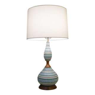 1960s Modern Phil Mar Turquoise Glaze Qourd Art Pottery Ceramic Walnut Table Lamp For Sale